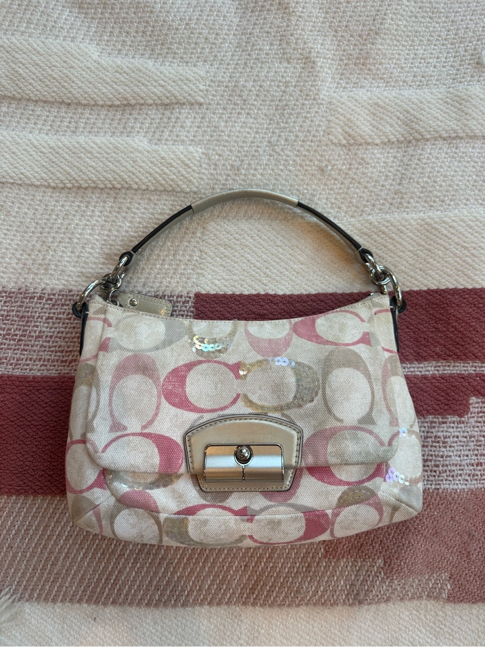 Coach Vintage White and Pink Signature Sequin Shoulder Bag